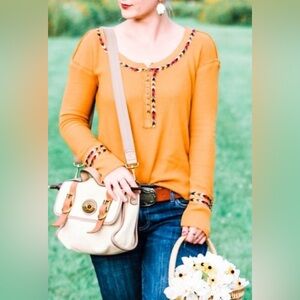 Free People Size S Yellow Rainbow Thermal Top Embroidered Long Sleeve Henley XS